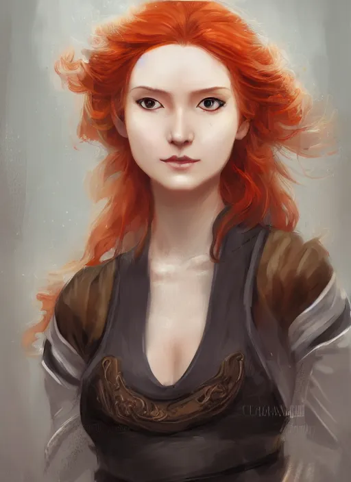 Prompt: a portrait of Nami the burglar as a real girl, wearing a traditional kunoichi dress, ginger hair, beautiful face, intricate, highly detailed, digital painting, artstation, concept art, smooth, sharp focus, illustration, art by Charlie Bowater and Gustave Baumann, matte painting
