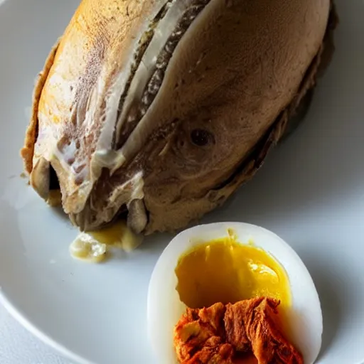 Image similar to a turducken coming out of an egg - shell, ready to eat, steaming hot, peaking through the broken egg shell as a newborn turducken would