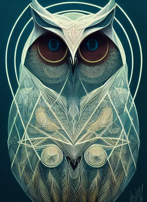 Image similar to portrait of a geometric owl, identical eyes, medium shot, illustration, full body made of white feathers, symmetrical, art stand, super detailed, cinematic lighting, and its detailed and intricate, gorgeous, by peter mohrbacher