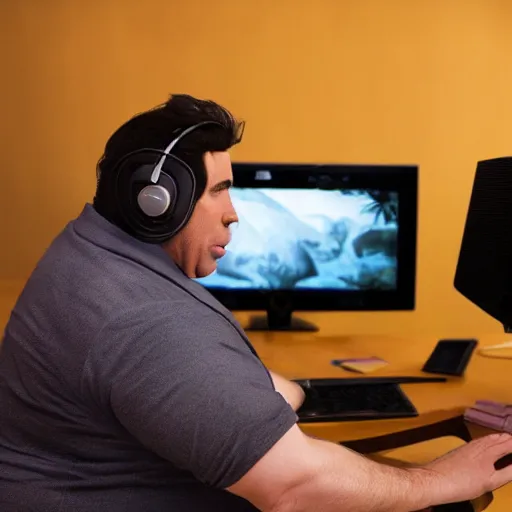 Prompt: obese John Travolta wearing a headset yelling at his monitor while playing WoW highly detailed wide angle lens 10:9 aspect ration award winning photography