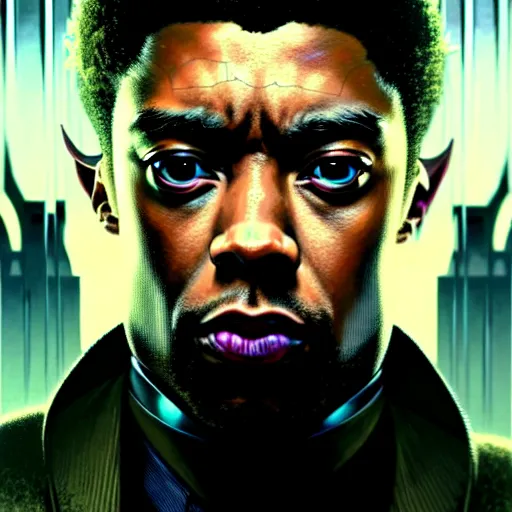 Prompt: portrait painting of a cyberpunk corporate boss elven chadwick boseman, ultra realistic, concept art, intricate details, eerie, highly detailed, photorealistic, octane render, 8 k, unreal engine. art by artgerm and greg rutkowski and charlie bowater and magali villeneuve and alphonse mucha