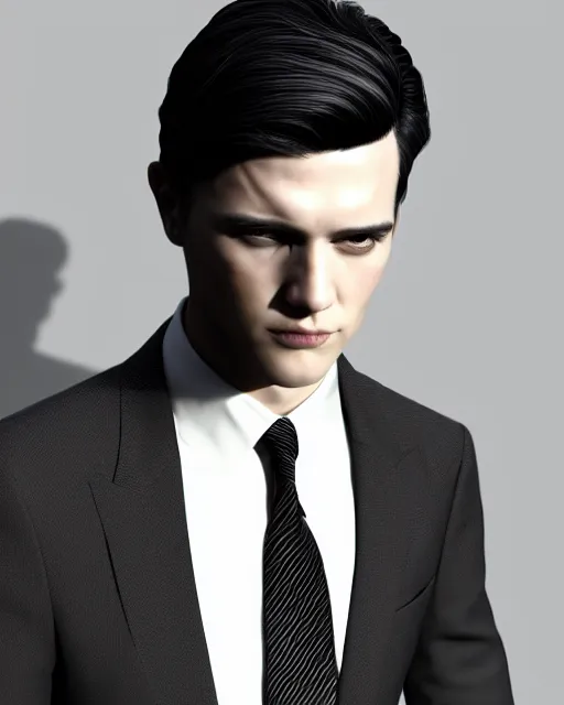 Prompt: detailed portrait Young Adult Male in business suit. Cyberpunk style, corporate styled pure black hair, Pale skin, blank facial expression, Simple professional fitting suit, illustrated by Nai_ Ga Artstation Perfect face, fine details, realistic shaded,