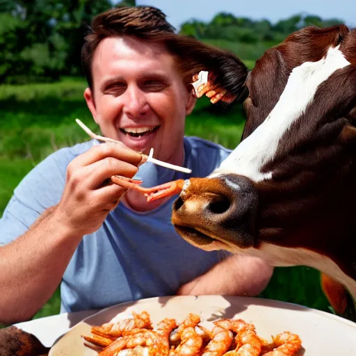 Image similar to an attractive man with brown hair eating shrimp while riding a cow