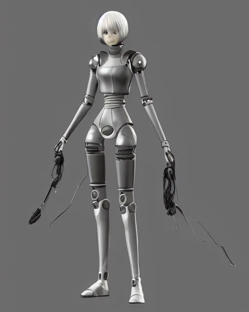 Image similar to CAD screenshot of a realistic android companion modeled after 2B from Nier Automata and with slender body type and prominent ceramic hex tile armor plates wearing wearing short clothes , solidworks, catia, autodesk inventor, unreal engine, gynoid cad design inspired by Masamune Shirow and Nier Automata and Ross Tran, product showcase, octane render 8k