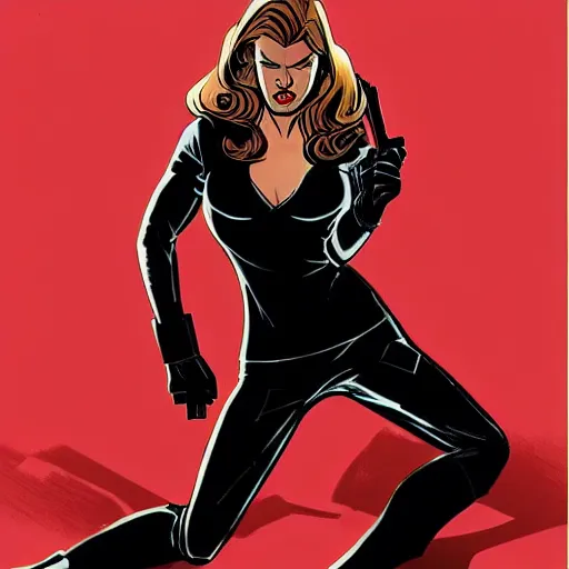 Image similar to Rafael Albuquerque comic art, Adrianne Palicki as a Russian spy, black outfit, smirk, fun pose, hair pulled back symmetrical face, symmetrical eyes, realistic face
