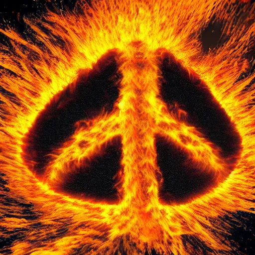 Image similar to a nuclear explosion merging into the shape of a peace sign, high speed photography, highly detailed, high quality, 8 k, path traced