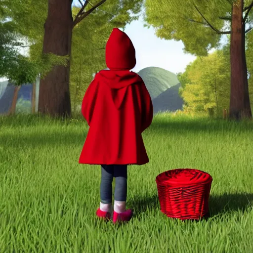 Prompt: a beautiful little girl in red hat cloak with a picnic basket rendered as an unreal engine