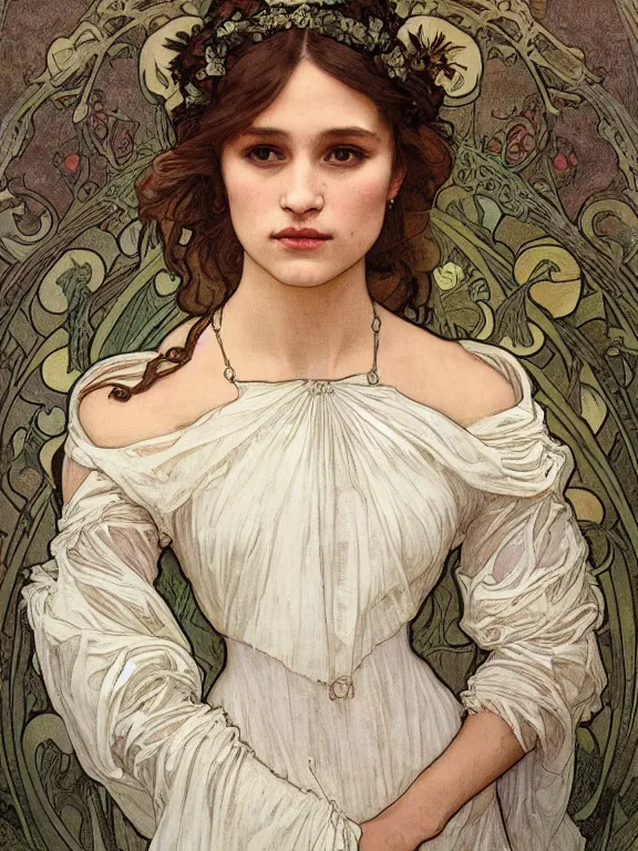 Prompt: an art nouveau mucha poster style head and shoulders portrait oil painting of a pretty young alicia jessica vikander alba wearing a white victorian bridal gown, intricate, detailed, smooth, complex, elaborate, by alphonse mucha and james gurney and john william waterhouse and bouguereau