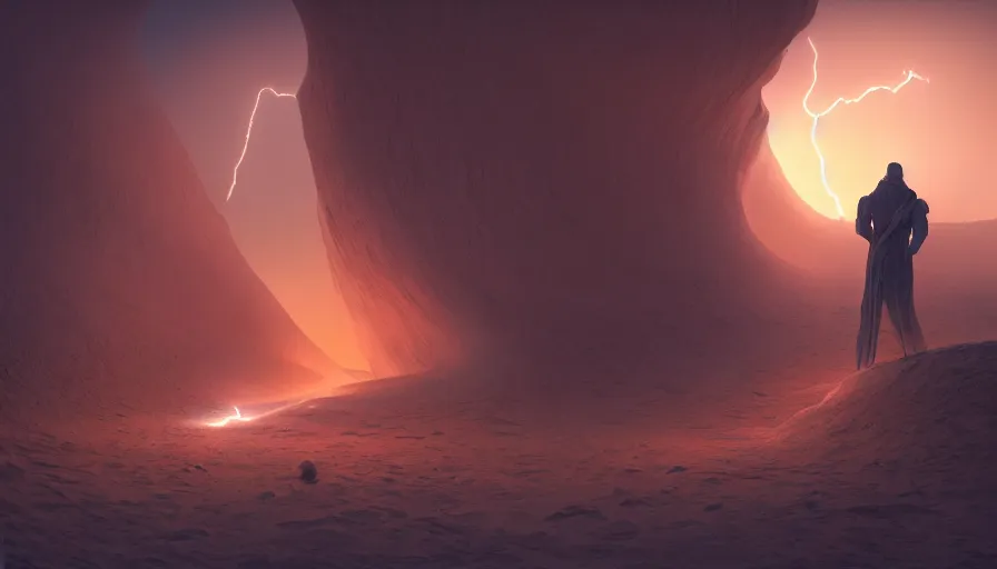 Image similar to a glowing magical portal inside a sand tsunami fantasy desert, portal, a man watching over, lightning, by caspar david friedrich by james gilleard and justin gerard, artstation, smooth, sharp focus, by jean baptiste, octane render