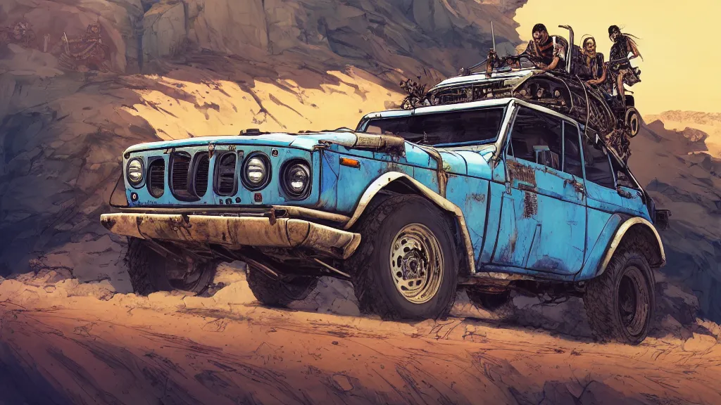 Image similar to digital illustration of mad max's fj 4 0 pursuit special riding fury road eternal shiny and chrome, the last v 8 interceptor driving down to the gates of valhalla highway in the middle of the day, anime style, year 2 0 9 3, by makoto shinkai, ilya kuvshinov, lois van baarle, rossdraws, basquiat