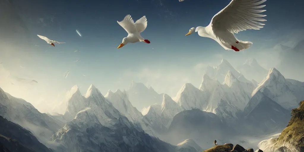 Prompt: Crowd surrounds giant white duck flying over mountains, huge feathery wings, mountain landscape, Himalayas, cozy wallpaper, 4k, high details, volumetric dynamic lighting, motion blur, blur, bokeh, trending on Artstation, award-winning, art by Chris Moore, by Greg Rutkowski