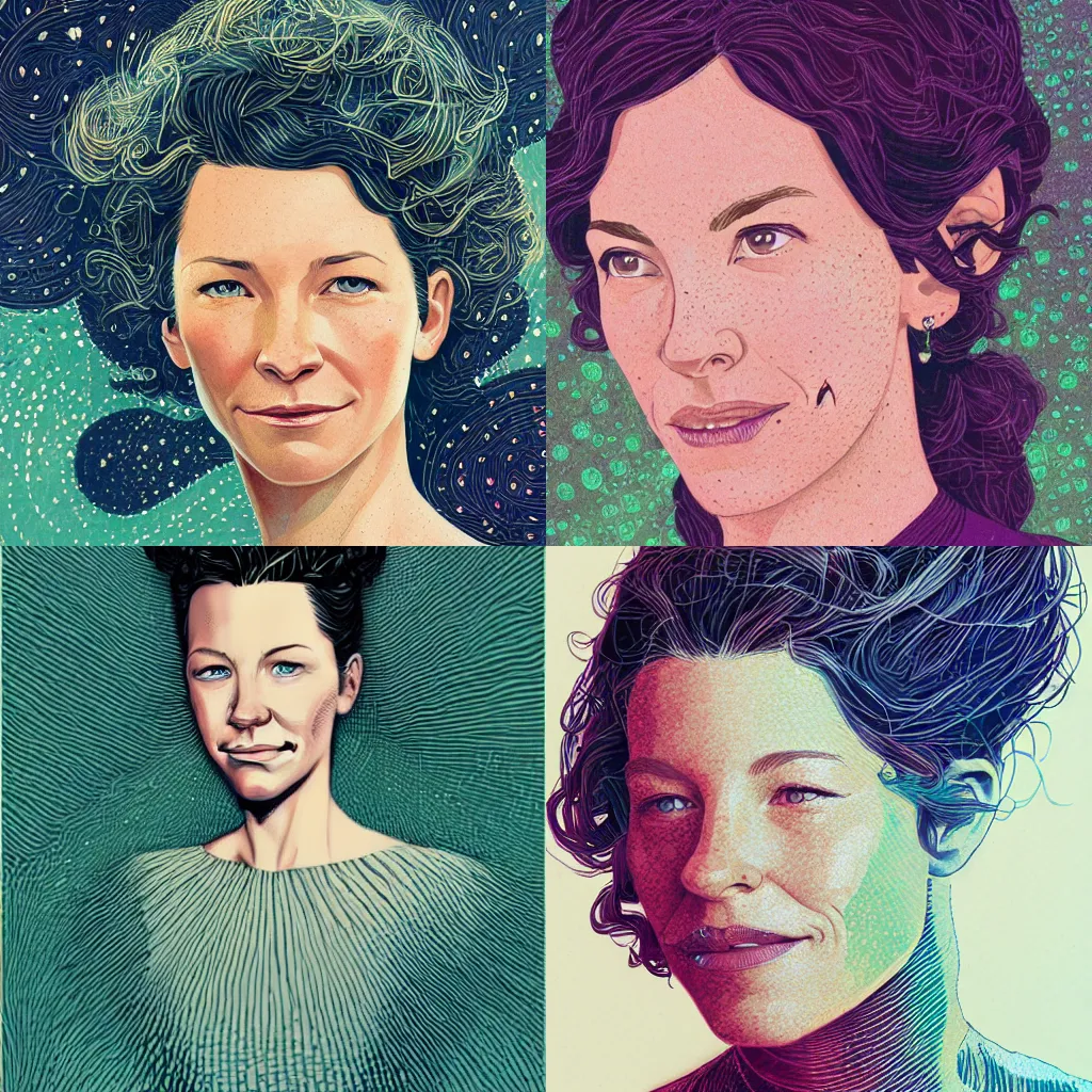 Prompt: portrait of Evangeline Lilly, photorealistic, in the style of Victo Ngai