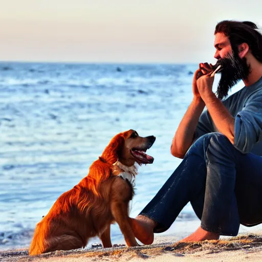 Image similar to bearded italian man with long hair smoking a cigarette on the beach, sitting next to his dog