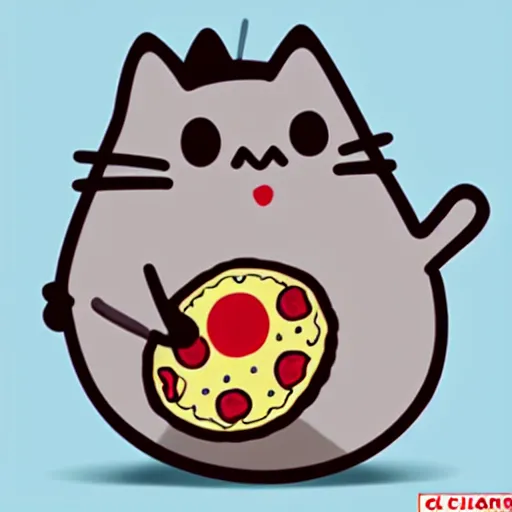 Prompt: a cartoon of pusheen the cat dressed up as a pizza, illustrated by claire belton and andrew duff