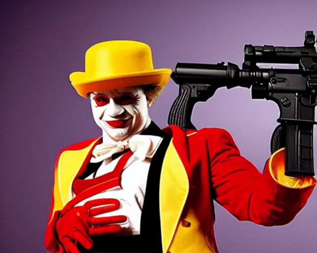 Image similar to ronald macdonald as scarface ronald macdonald holding ar - 1 5, promotional image, cinematic