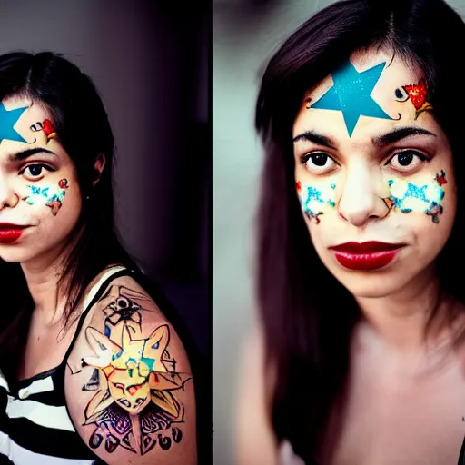 Prompt: beautiful young latino woman with gutterpunk pen ink face tattoos at golden hour, paper stars in background, cinematic diane arbus, leica s, fuji 8 0 0, grainy, low light