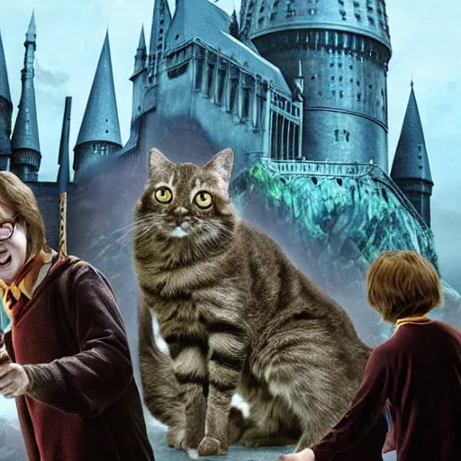 Image similar to a scene from harry potter, but everyone is a cat