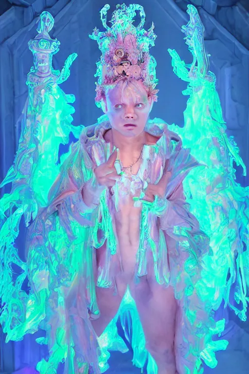 Image similar to full-body rococo and cyberpunk delicate neon crystalline sculpture of ((young muscular albino prince Sean Mendez)) as an iridescent humanoid deity wearing ((peach plastic hooded cloak)) (holding a human skull) in a white castle dungeon, reclining, glowing pink face, crown of (pink lasers), large blue diamonds, swirling black silk fabric. futuristic elements. oozing glowing liquid, full-length view. space robots. intricate artwork by caravaggio. Trending on artstation, octane render, cinematic lighting from the right, hyper realism, octane render, 8k, depth of field, 3D