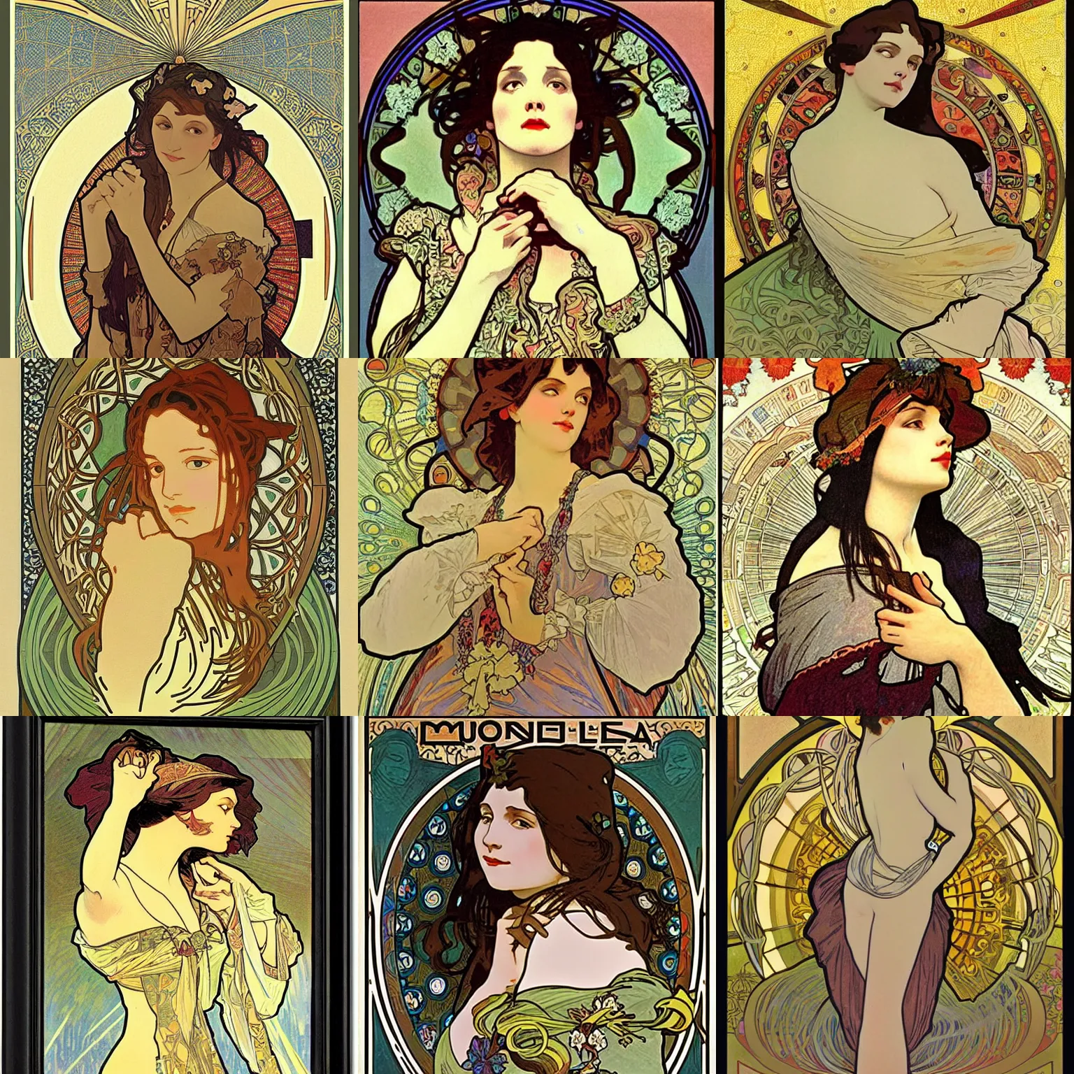 Prompt: mona!! lisa by alphonse! mucha