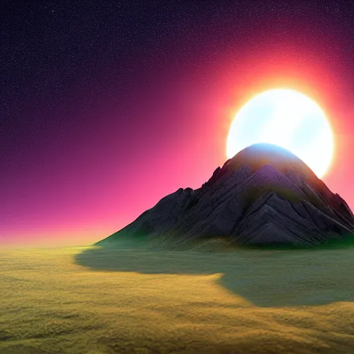 Image similar to solar eclipse above mountins, highly detailed, photorealistic portrait, bright studio setting, studio lighting, crisp quality and light reflections, unreal engine 5 quality render