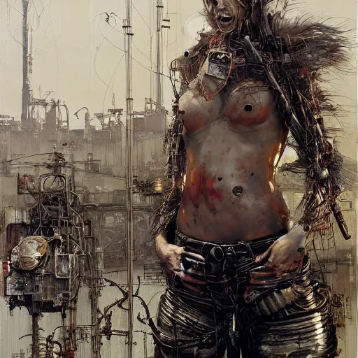 Prompt: mad max rockatansky, wires cybernetic implants, abandoned steelworks, grime and grunge, in the style of adrian ghenie, esao andrews, jenny saville,, surrealism, dark art by james jean, takato yamamoto