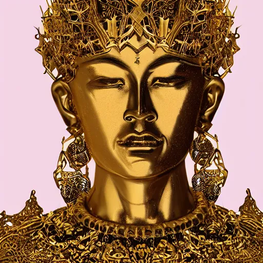 Image similar to epic deatailed golden statue of the King, surrounded by intricate gold lace metalwork on a black smokey background, close up face, modern art, trending on Artstation