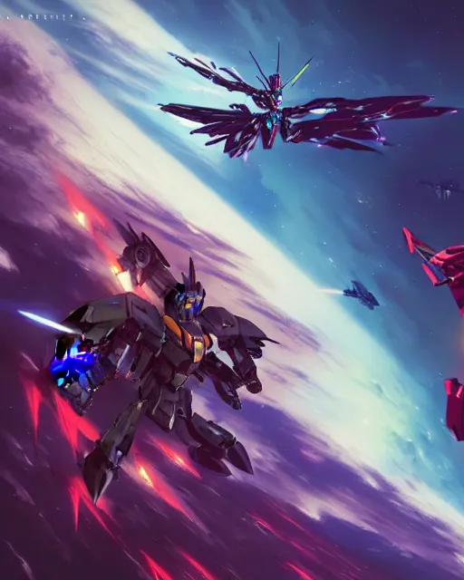 Image similar to highly detailed vfx gundam deathscythe hell fighting gundam epyon in space, unreal engine, greg rutkowski, loish, rhads, beeple, makoto shinkai and lois van baarle, ilya kuvshinov, rossdraws, tom bagshaw, alphonse mucha, global illumination, detailed and intricate environment