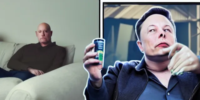 Image similar to sad bald poor elon musk drinking a can of beer in the couch while watching tv in a dirty house