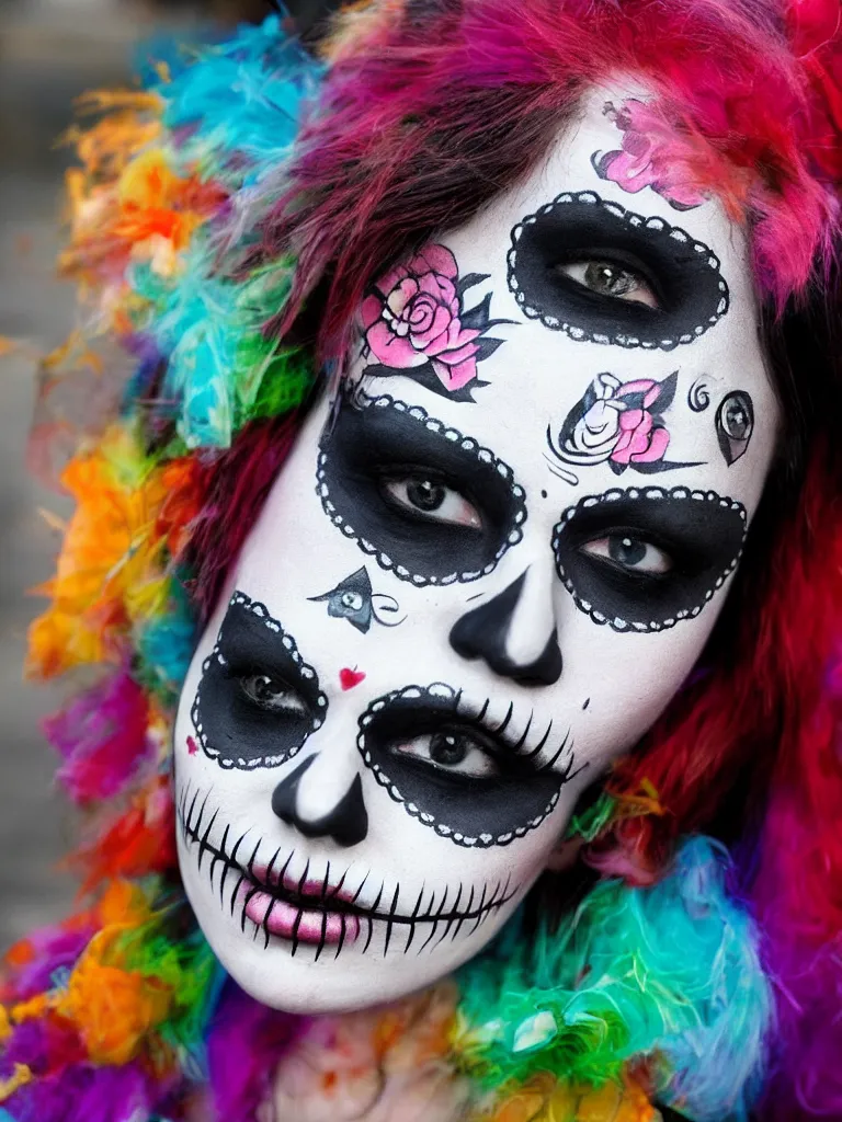 Image similar to a beautiful woman wearing day of the dead make - up, in the style of street art