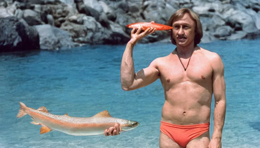 Image similar to 7 0 s movie still of putin in speedo, proudly holding a salmon, focus on face. cinestill 8 0 0 t _ 3 5 mm eastmancolor, heavy grain, high quality, high detail