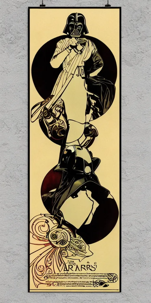 Prompt: Darth Vader helmet , elegant art nouveau poster by Alphonse Mucha