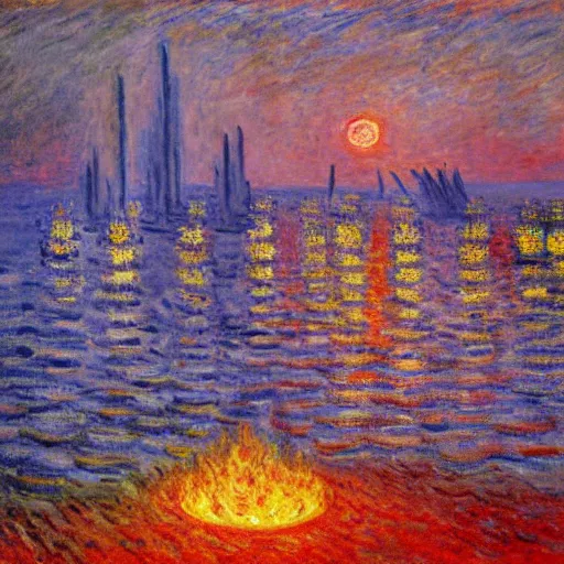 Prompt: A city in the sea with pink pyramids, there are many angels and demons in the sea, and people eat barbecue around the campfire, the art is painting by Oscar-Claude Monet