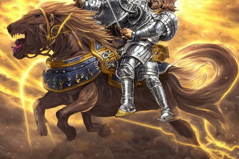 Image similar to an ultra detailed portrait of king richard the lionhearted as a shonen anime protagonist charging into battle wearing bright gold armor and riding a horse bless by god, 8 k, volumetric lighting, smooth, highly detailed, digital illustration, art by kentaro miura and akira toriyama and artgerm