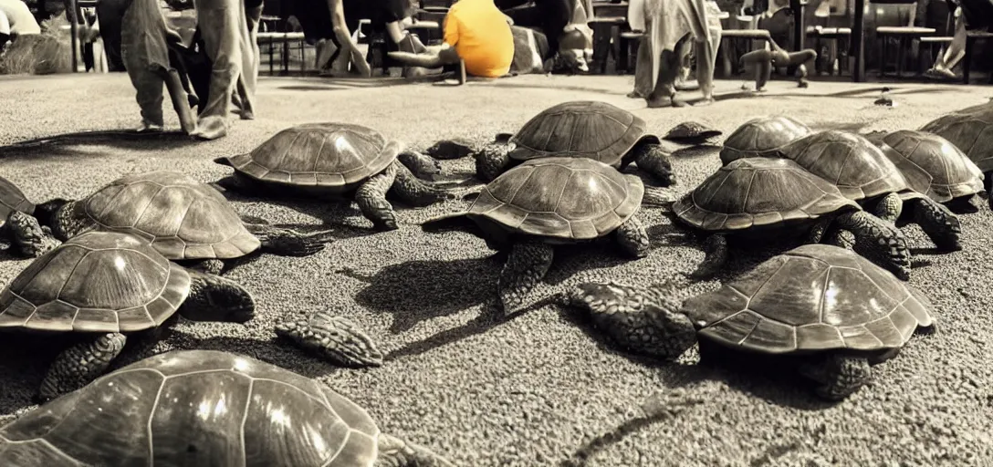 Prompt: a gang of turtles drinking at the bar