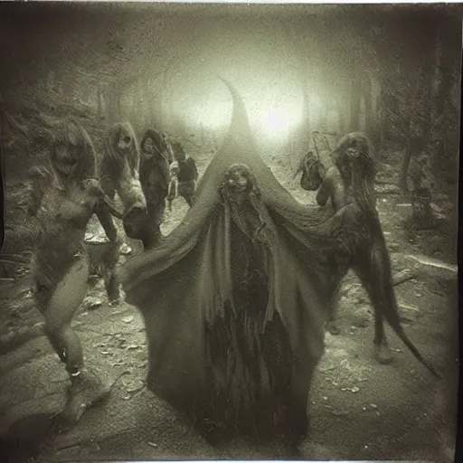 Image similar to a dark scenery of a demonic summoning ritual gone terribly wrong, polaroid pic by realistic horrors