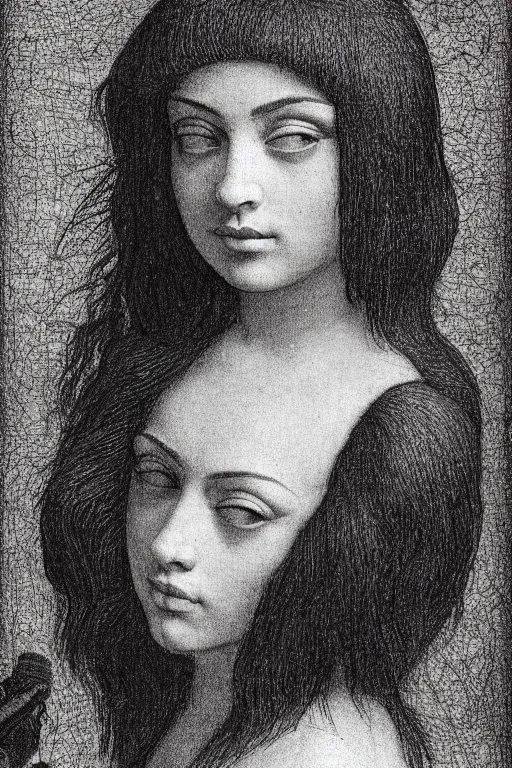 Image similar to a portrait of charli xcx in the style of leonardo da vinci drawing,, single head, no double head,