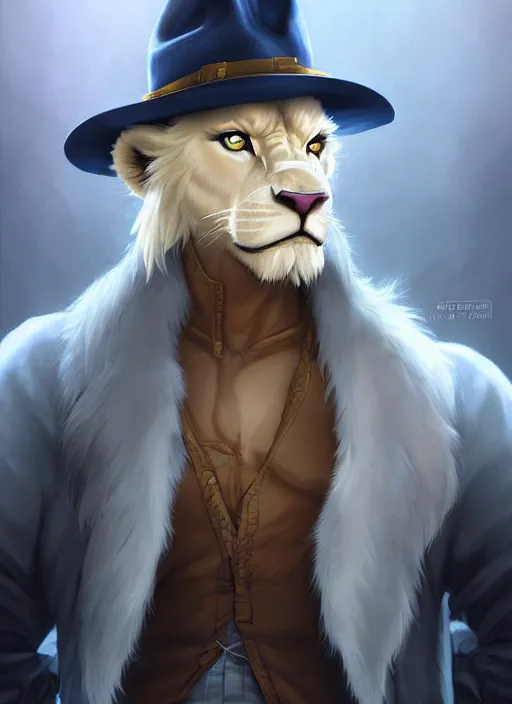 Image similar to aesthetic portrait commission of a of a male fully furry muscular anthro albino lion wearing attractive builders outfit with builders hat. Character design by charlie bowater, ross tran, artgerm, and makoto shinkai, detailed, inked, western comic book art, award winning film poster painting