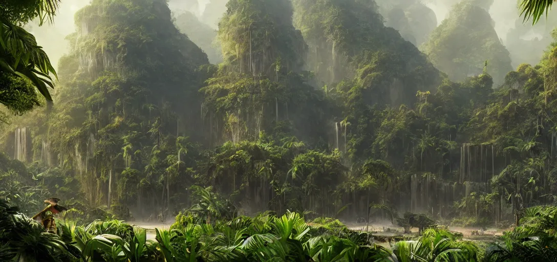 Prompt: exotic tropical jungle, astec ruins of el dorado, concept art, matte painting, 4k , clean post process, film still, style by raphael lacoste, eddie mendoza, alex ross