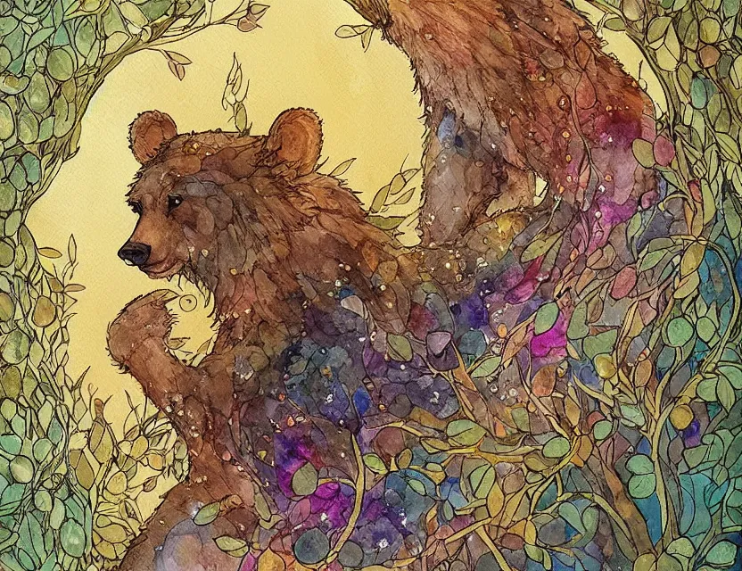 Prompt: faerie bear in a crystal cave. this watercolor and gold leaf work by the award - winning comic artist has a beautiful composition and intricate details.