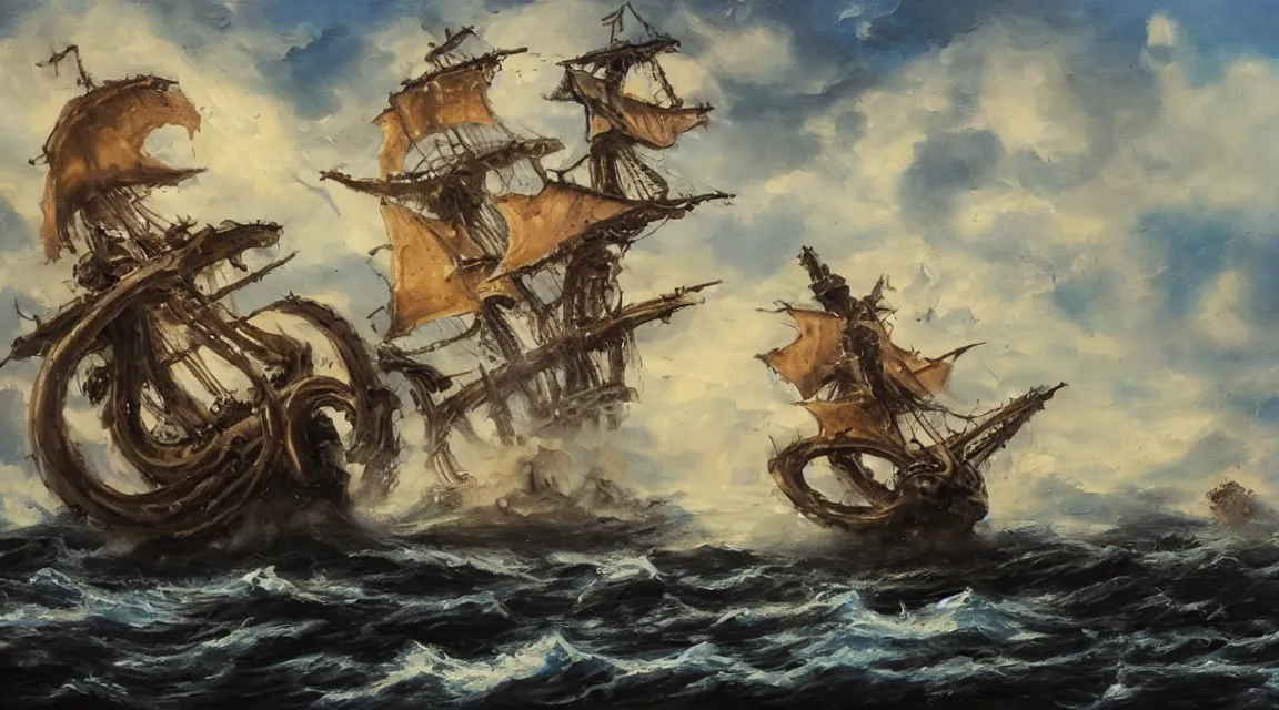 Image similar to oil painting of a kraken attacking a pirate ship
