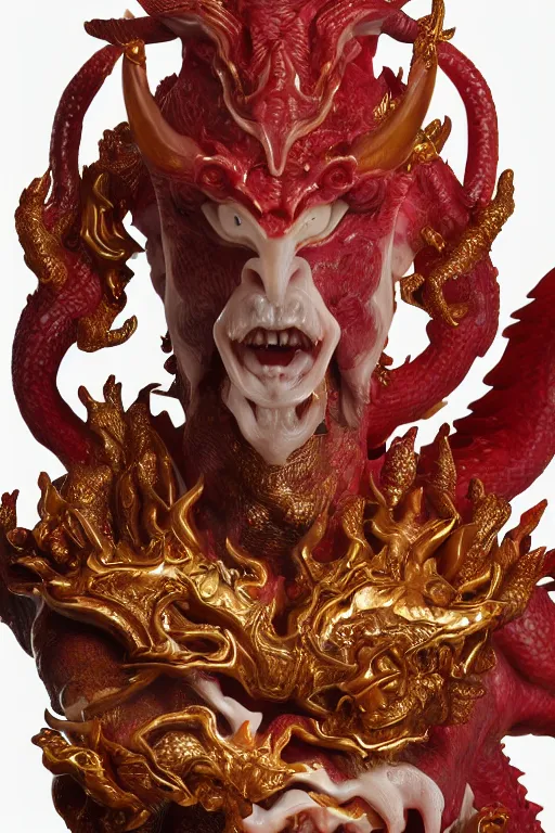 Image similar to a closeup portrait photo, alabaster and ruby real delicate ceramic porcelain sculpture of an ornate detailed humanoid dragon demon devil god in front of an intricate background by rafael, micro detail, backlit lighting, subsurface scattering, translucent, thin porcelain, fire, flames, amber, octane renderer, colorful, physically based rendering, trending on cgsociety