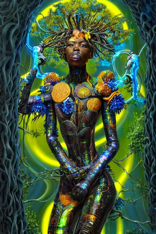 Image similar to hyperrealistic maximalist super expressive! black woman with exoskeleton armor, merging with tree in a forest, highly detailed concept art masterpiece smooth cam de leon hannah yata dramatic pearlescent blue yellow light ground angle hd 8k sharp focus