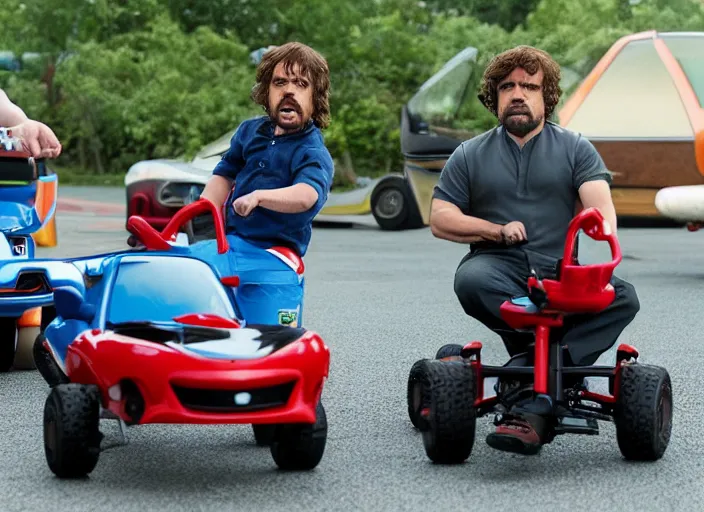 Image similar to peter dinklage racing gary coleman driving a little tikes cars, movie still, from the new fast and furious movie, 8 k, realistic