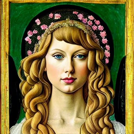 Prompt: taylor swift as the goddess of spring, elegant portrait by sandro botticelli, detailed, symmetrical, intricate