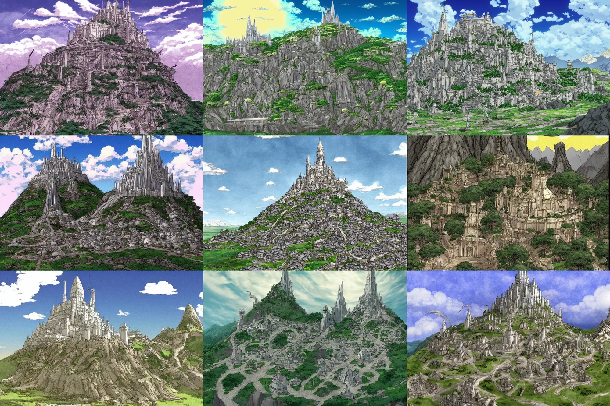 Prompt: minas tirith, lord of the rings, laputa, studio ghibli, anime style