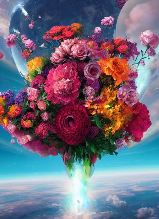 Image similar to An epic fantastic realism comic book style painting of the most beautiful flowers launched into space, bouquets, fisheye lens, unreal 5, DAZ, hyperrealistic, octane render, dynamic lighting