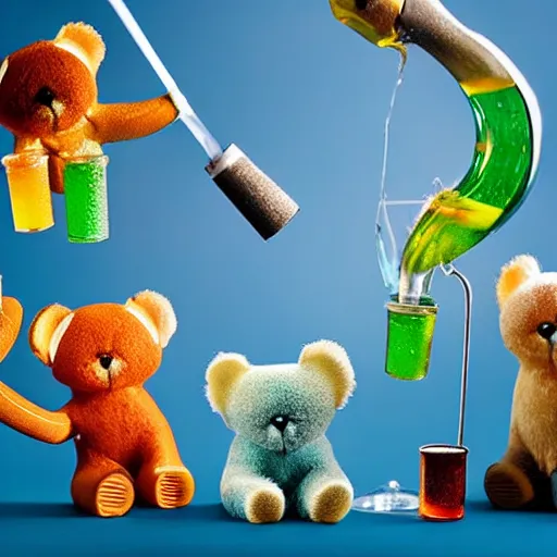 Image similar to Teddy bears mixing sparkling chemicals as mad scientist