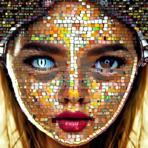 Prompt: portrait mosaic of a beautiful cute girl with robot ears and eyes, 4k, intricate details, digital, close up