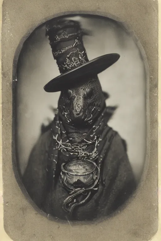 Image similar to a wet plate photo of a snake wearing a jester hat