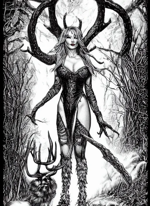 Image similar to portrait of traci lords as a druid with antlers, D&D, fantasy pen and ink by virgil finlay, trending on artstation, HD, intricate, masterpiece, concept art, character design